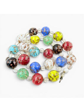 Vintage Murano Style Art Glass Bead Necklace 14mm, Multicolor Aventurine Confett